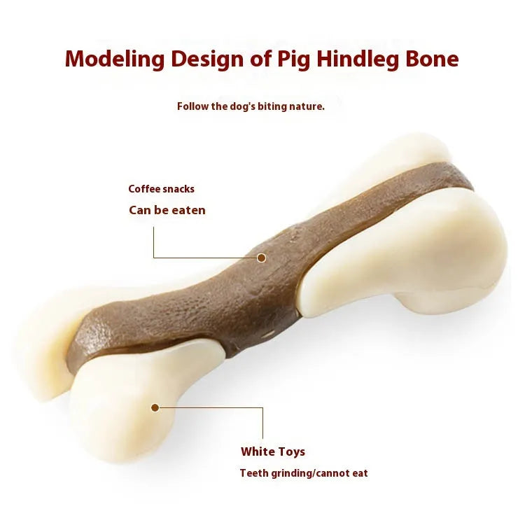 Bone-shaped dog chew toy with cowhide exterior and nylon core in two size options