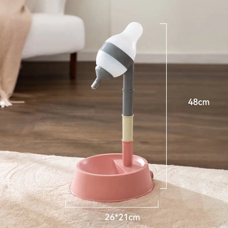 Green height-adjustable standing water dispenser for cats and dogs on a wooden floor.