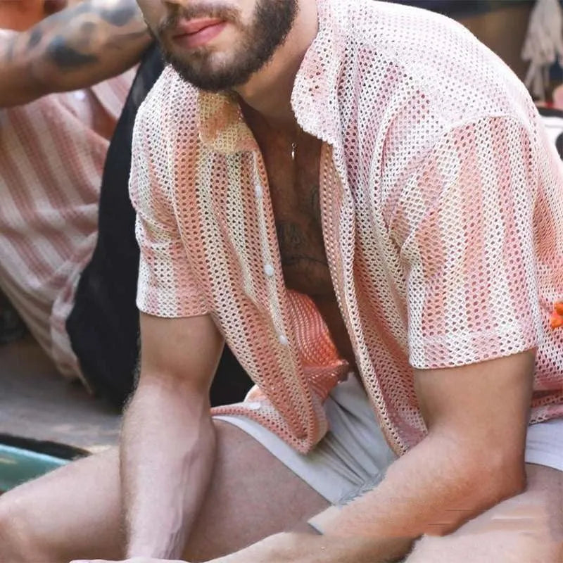 Pink loose-fit men's cardigan shirt with waffle texture fabric on a hanger.