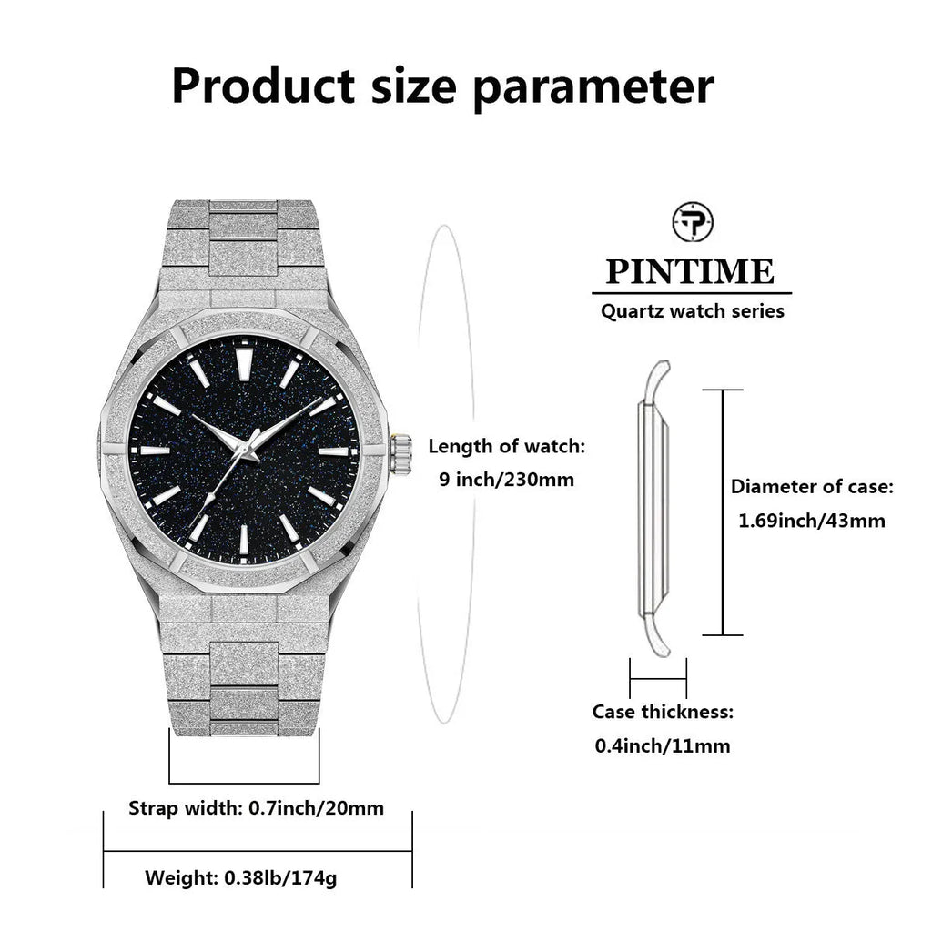Men's stainless steel business watch with frosted case and luminous markers in black, gold, and silver colour options.