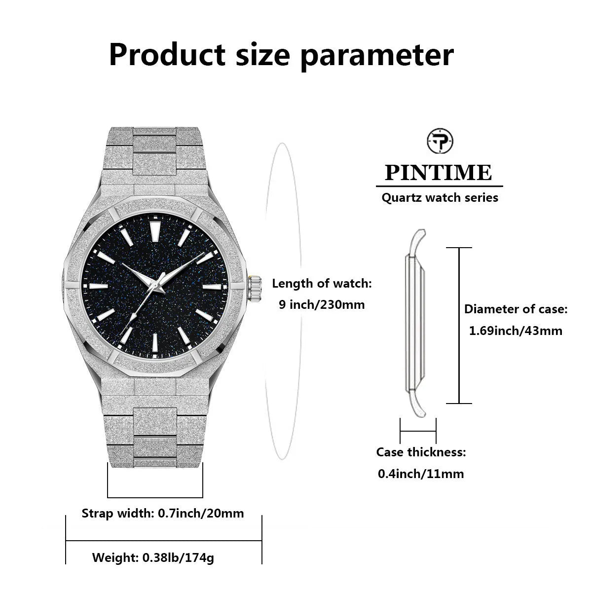 Men's stainless steel business watch with frosted case and luminous markers in black, gold, and silver colour options.