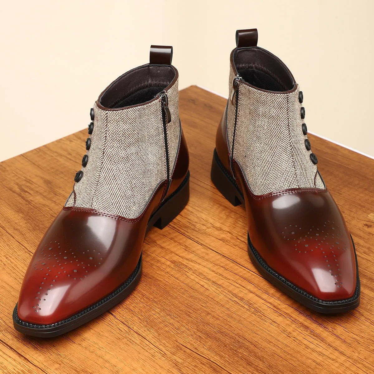 Men's brown retro formal shoes with side zip, square toe, and square low heel on a rubber sole.