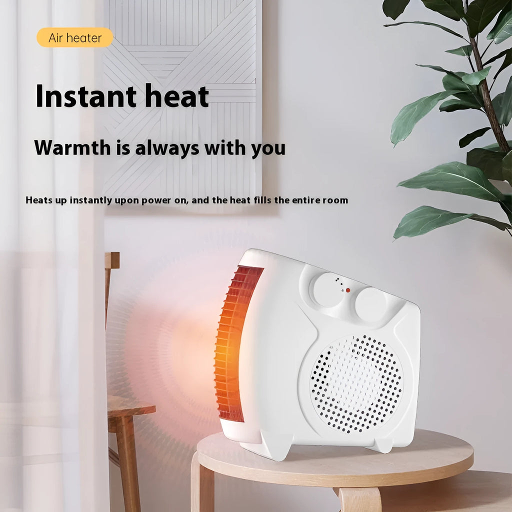 Compact white electric heater with control dial, suitable for desktop placement in rooms under 10 square metres