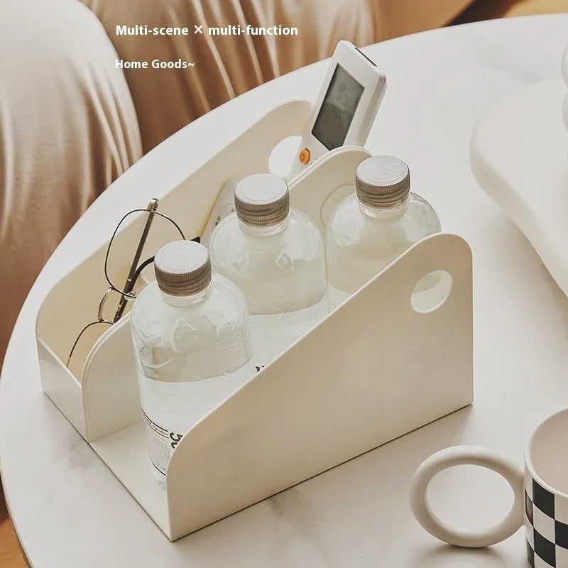 Plastic desktop storage box with two internal grid layers in milk coffee colour