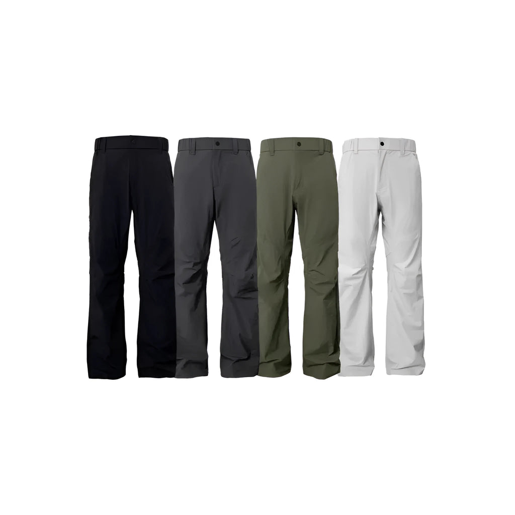 Men's straight-leg casual trousers in a neutral colour on a hanger, showing the mid-waist and elasticated waistband detail.