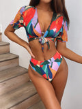 Red printed women's split swimsuit with briefs style for adult swimming sports