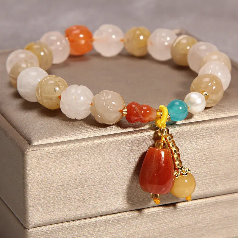 Women's yellow agate crystal bracelet on gold silk thread with Japanese styling