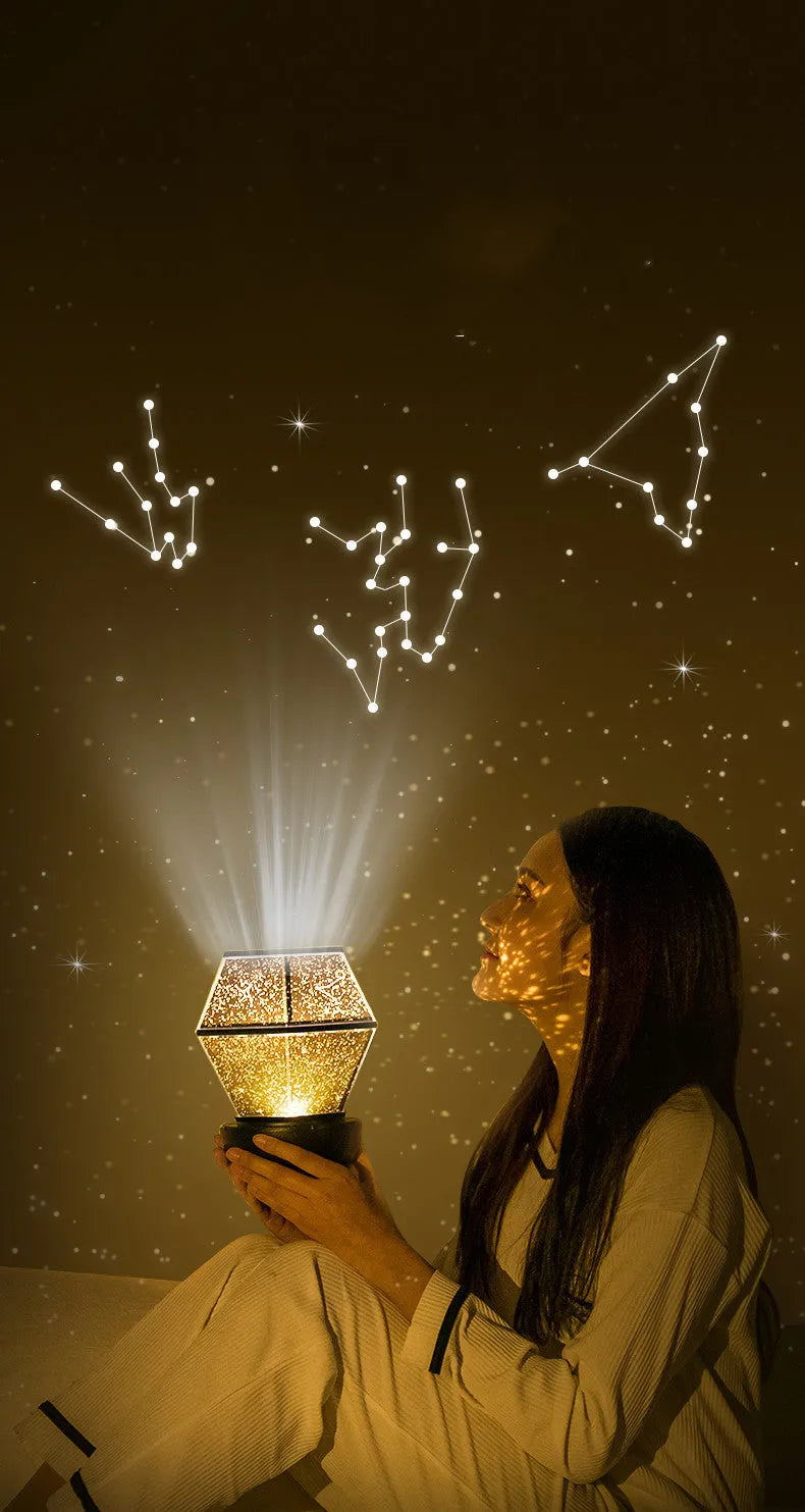 Children's rotating stars LED night light projecting star patterns on bedroom ceiling