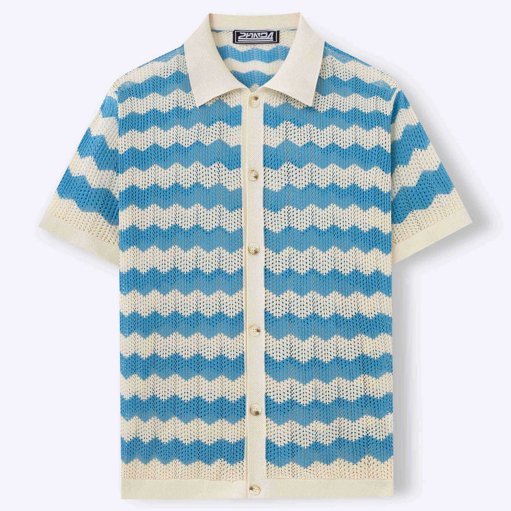 American-style hollow jacquard corrugated short-sleeve sweater in blue, shown on a hanger.