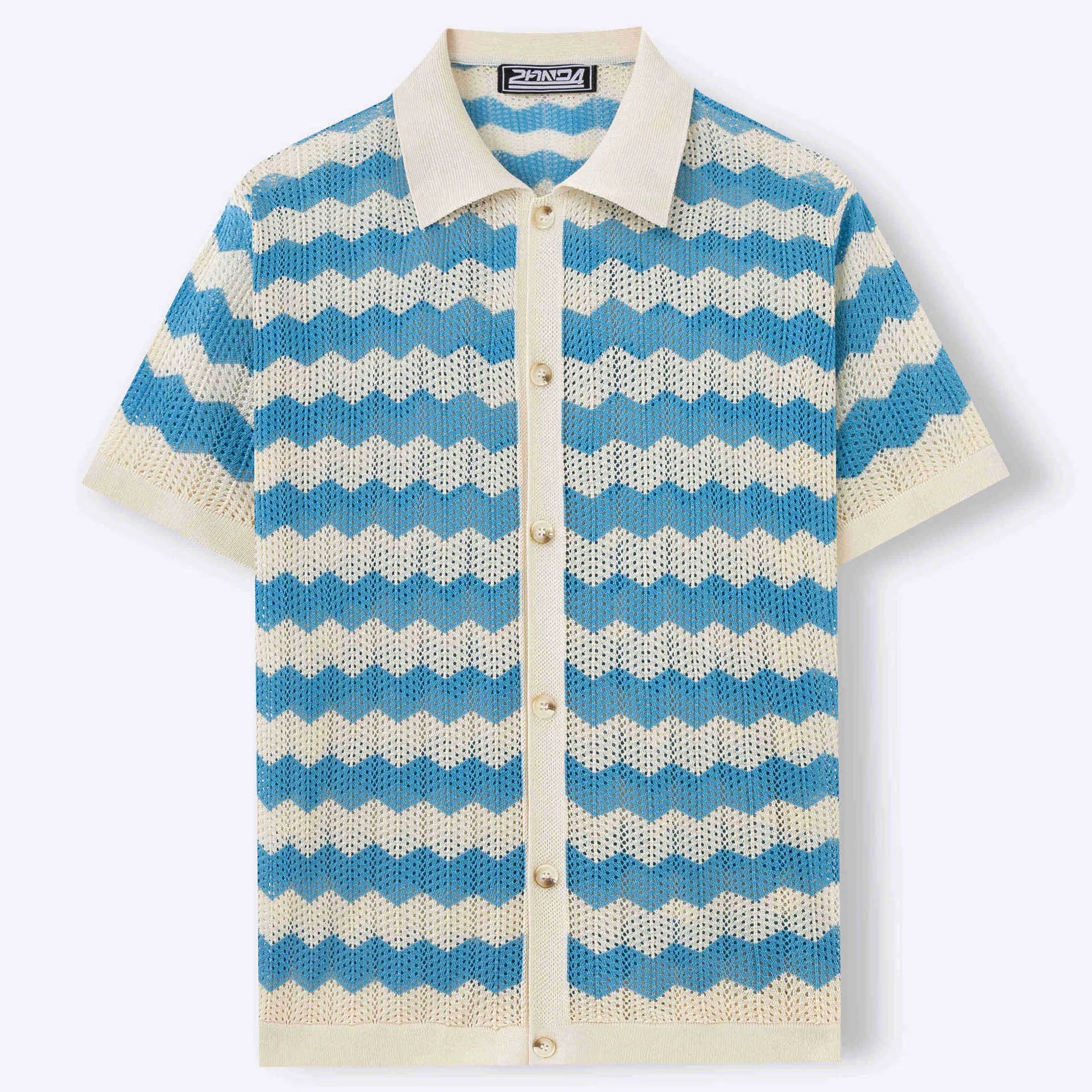 American-style hollow jacquard corrugated short-sleeve sweater in blue, shown on a hanger.