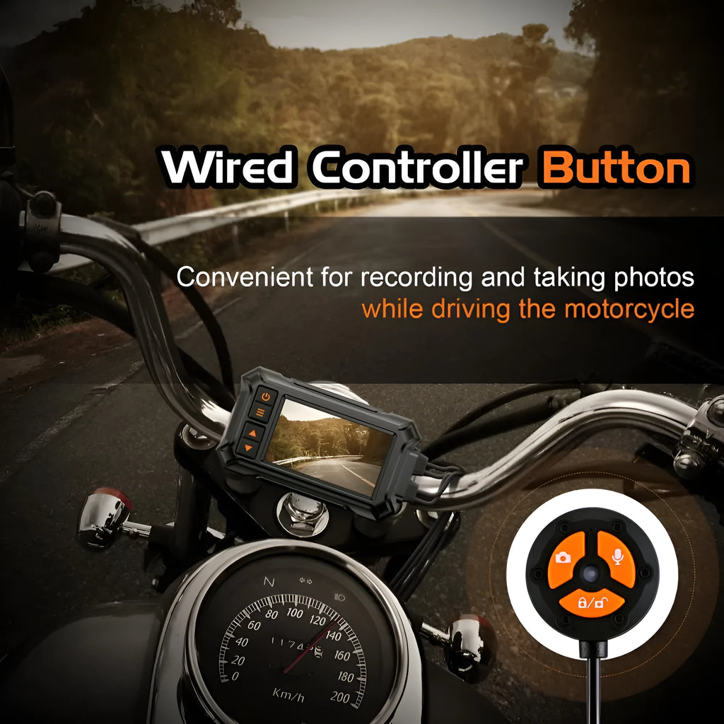 Motorcycle dash cam system with dual lenses, 3-inch display, GPS module, and mounting accessories.