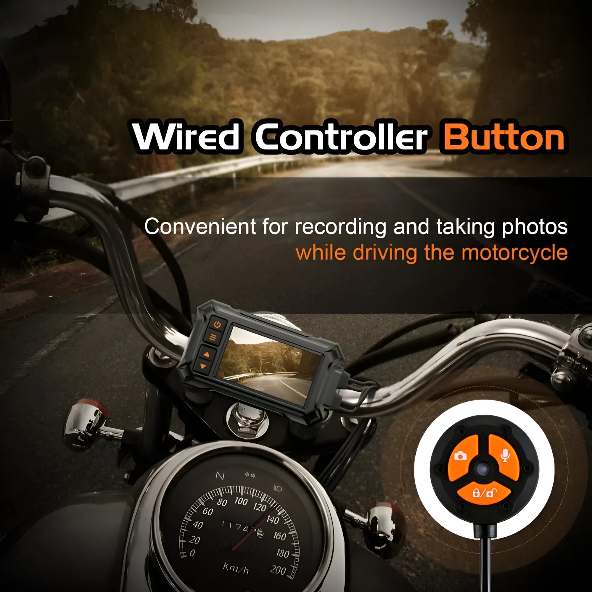 Motorcycle dash cam system with dual lenses, 3-inch display, GPS module, and mounting accessories.