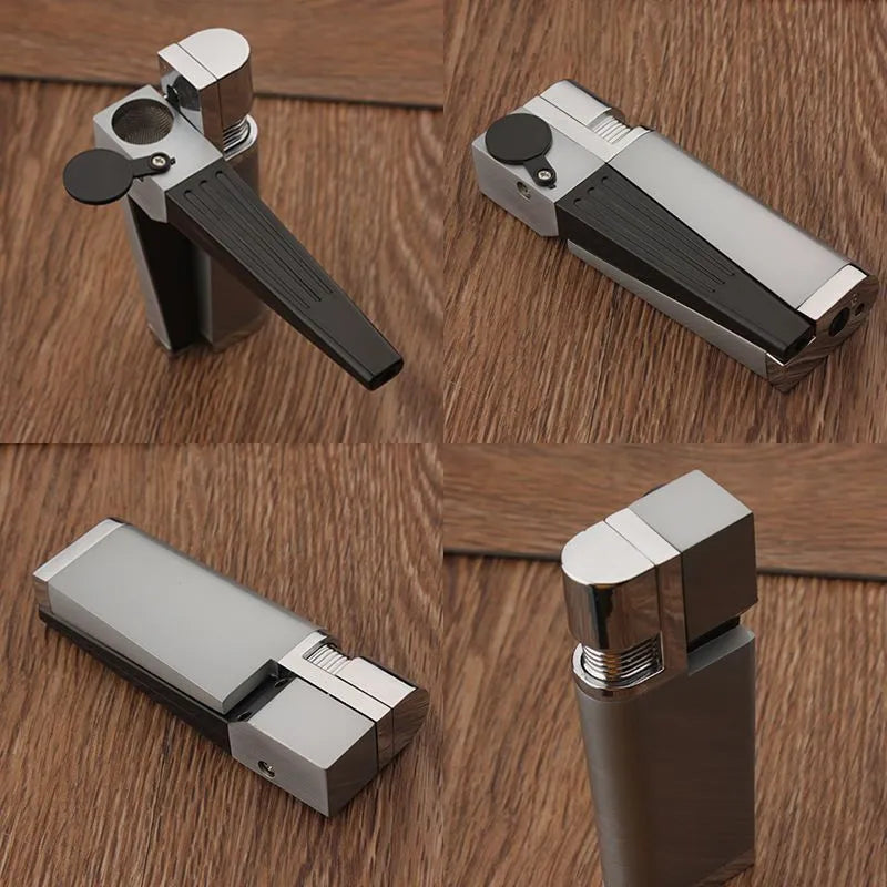 Silver and black foldable metal pipe lighter showing open and closed positions with refillable butane valve