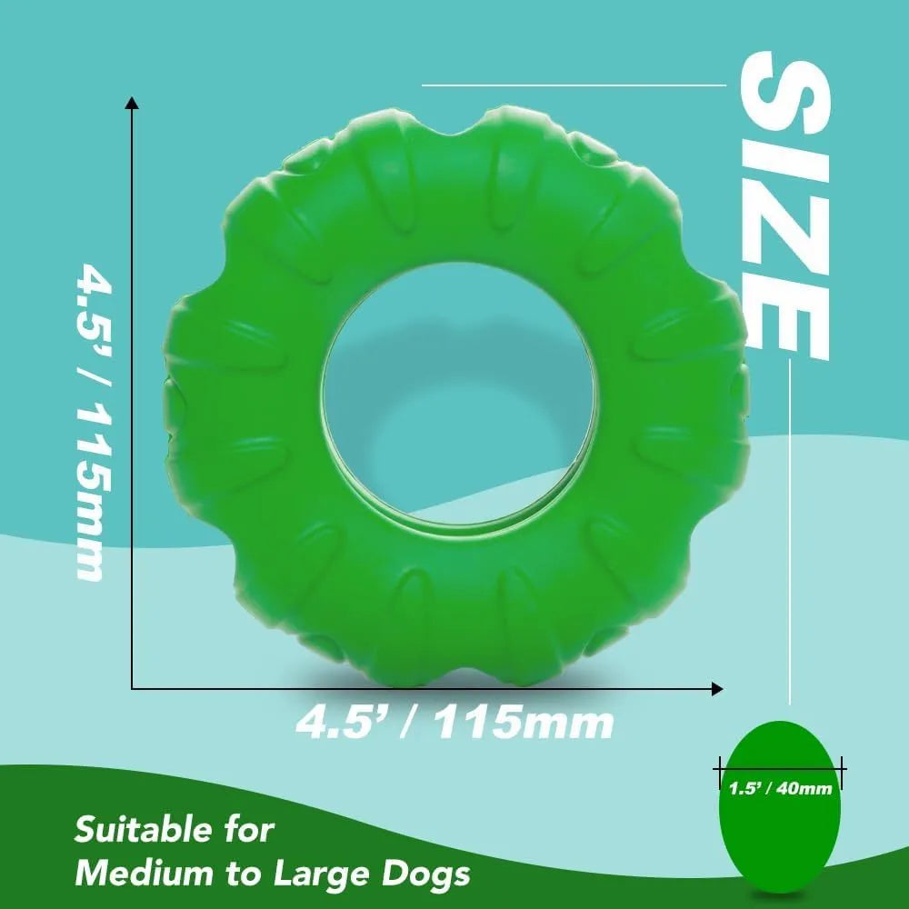 Blue rubber tyre-shaped dog chew toy with six oval openings for treat dispensing