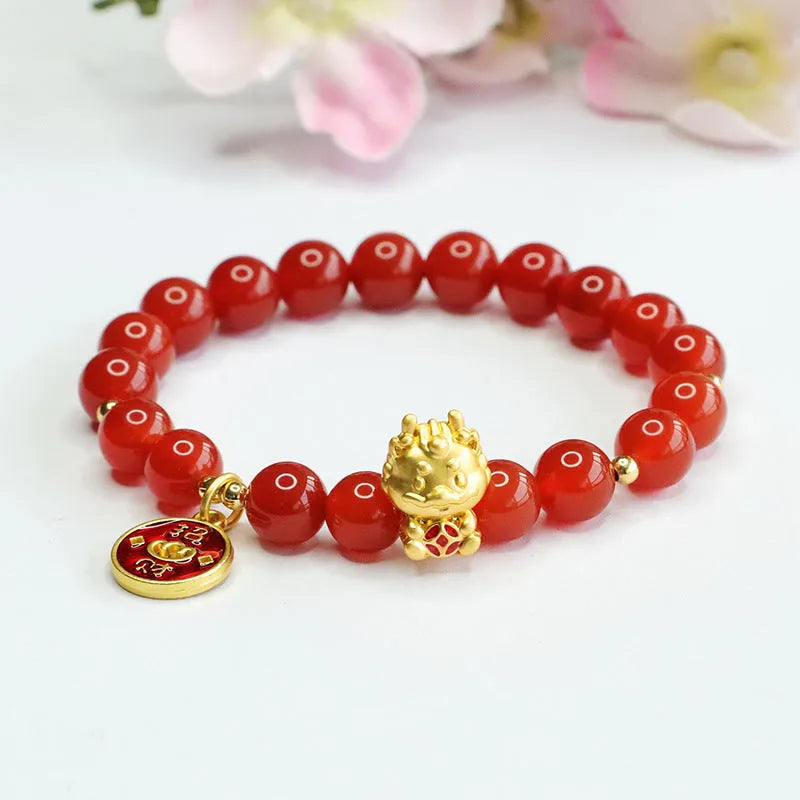 Red agate zodiac dragon bracelet with 8mm beads in Chinese style design