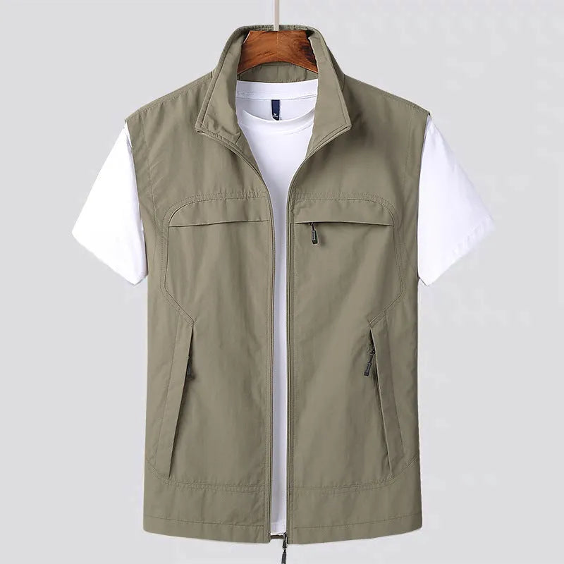 Men's striped waterproof hooded vest with multiple patch pockets in khaki colour