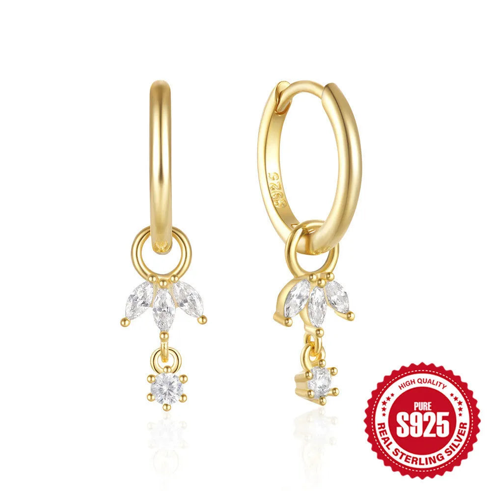 Geometric sunflower design earrings in 925 Sterling Silver with golden three diamonds colour and inlaid zircon stones