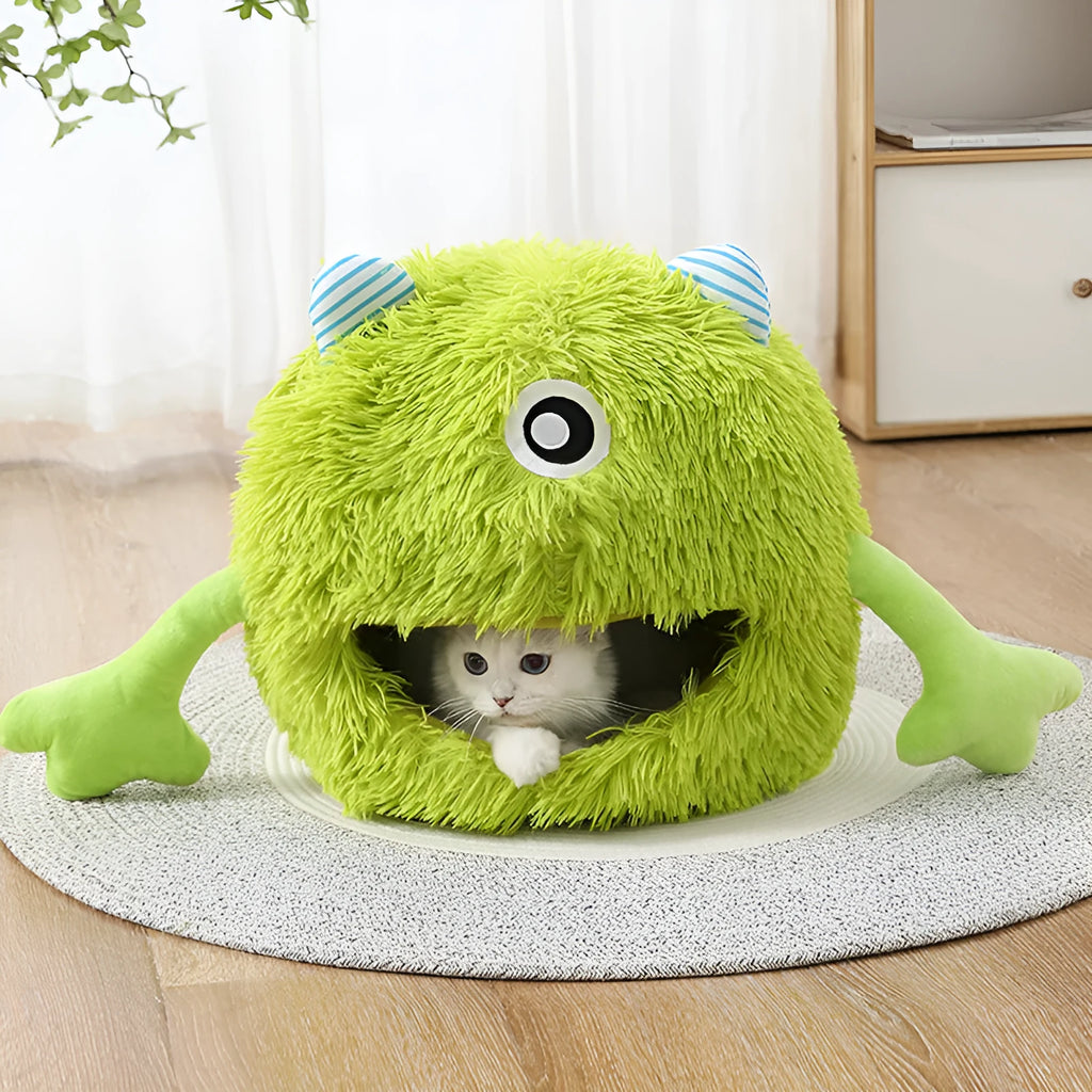 Round fluffy cat bed with plush fabric and non-slip base in three size options