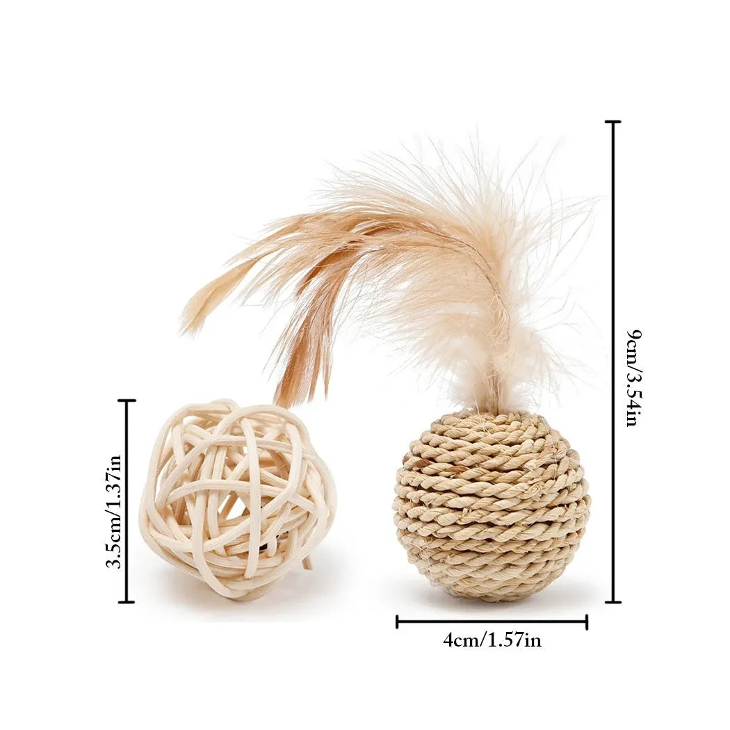 Primary colour cat toy set with a rattan ball and a faux feather ball with bell.