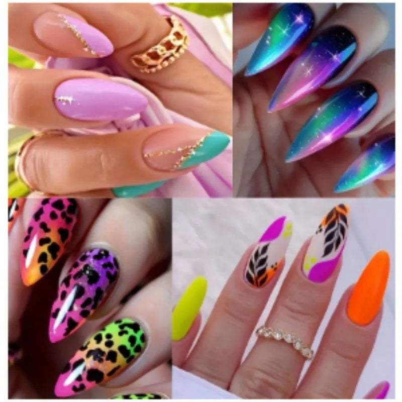 Medium almond armour frosted nail stickers in four colour designs showing tulip pattern