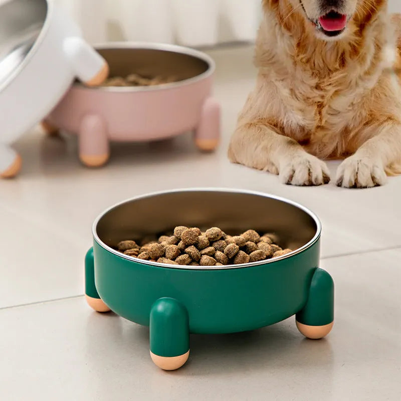 Stainless steel pet bowl with high feet in green, pink, or white colour options