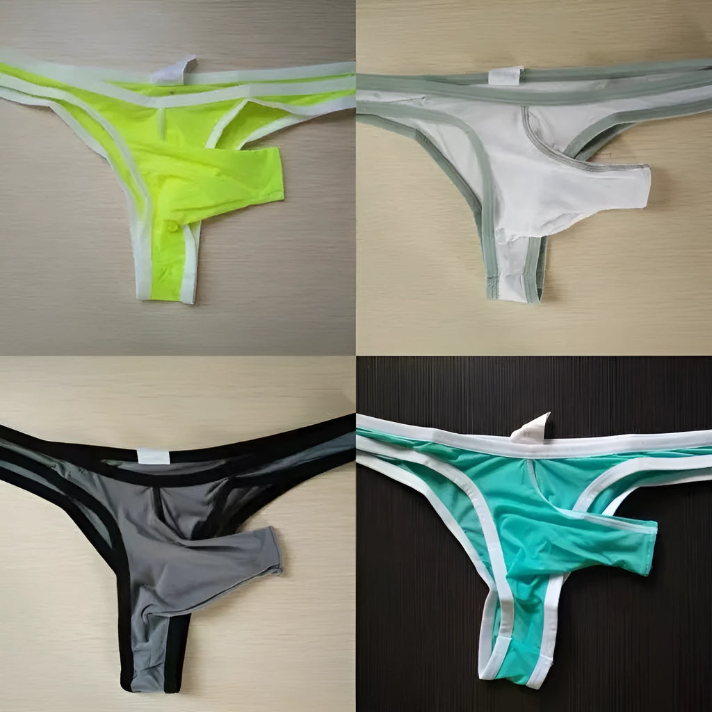 Men's ice silk briefs with elephant trunk pouch in seven colour options showing size tags