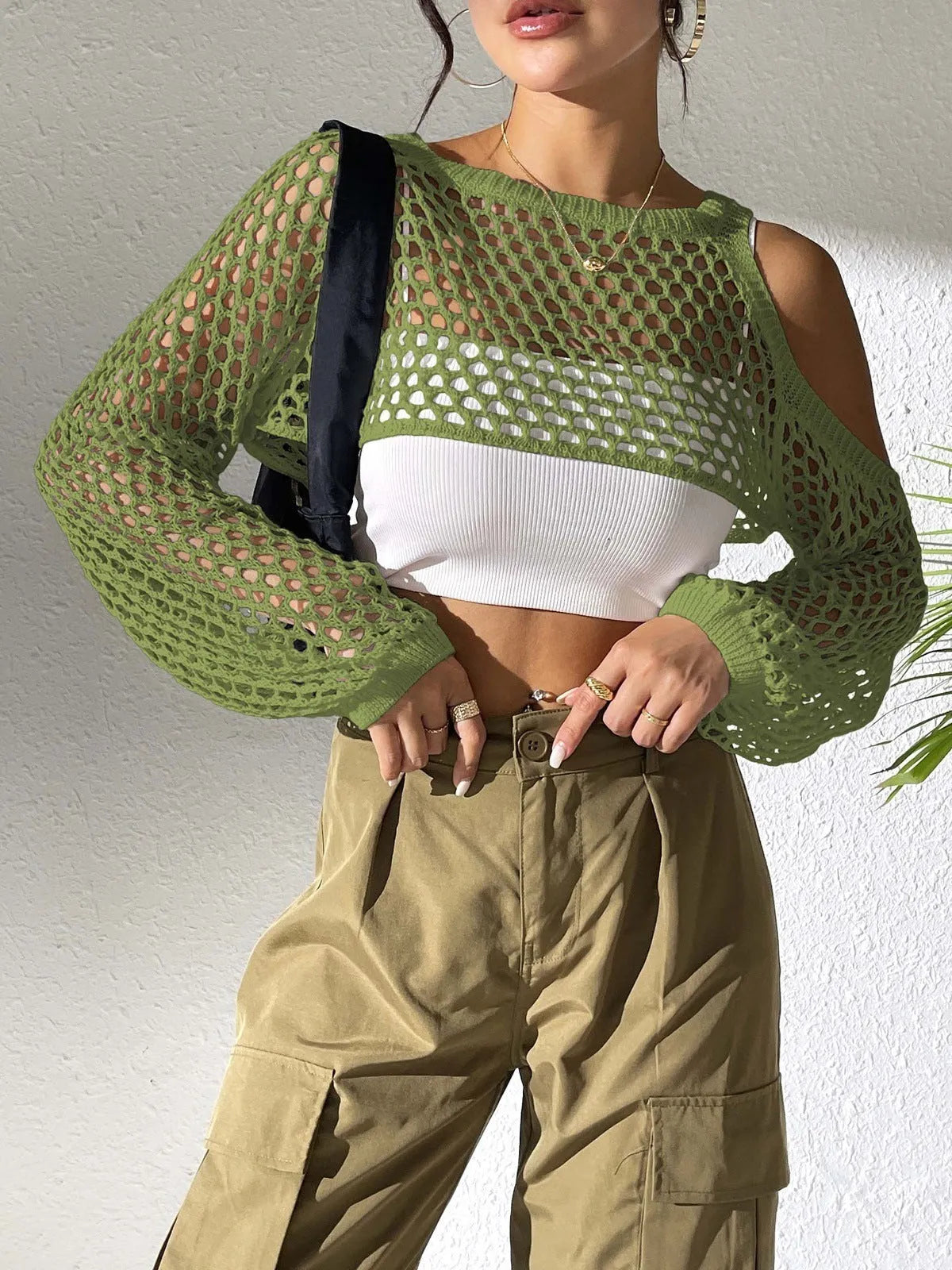 Imitation cotton mesh shirt with hollowed navel design in army green colour.