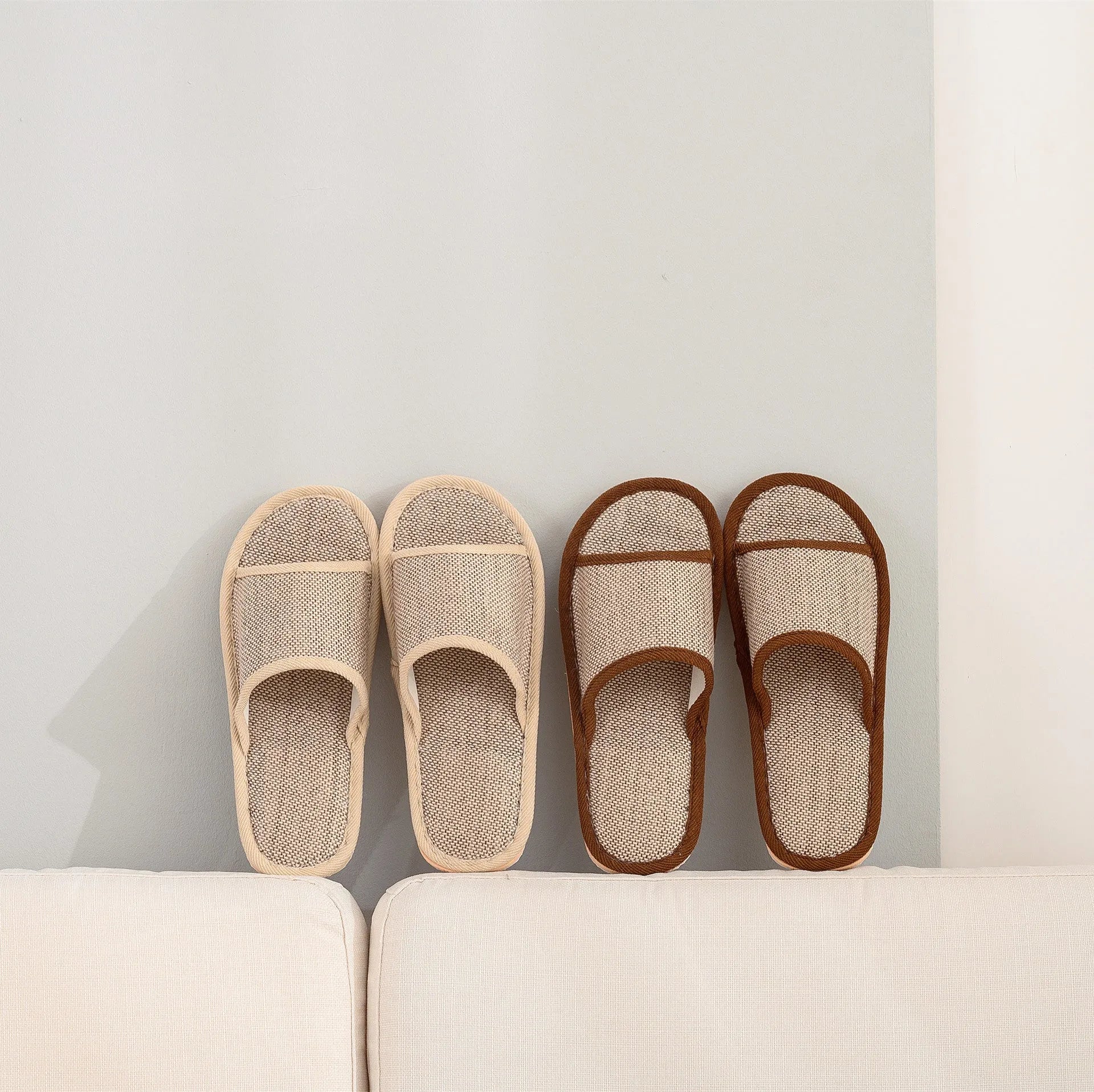 Women's open toe slippers in linen and cotton with thickened sole in dark coffee and pure gray colors