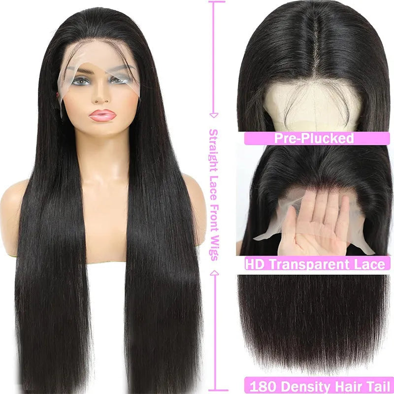 13x6 straight lace front human hair wig in black with natural hairline