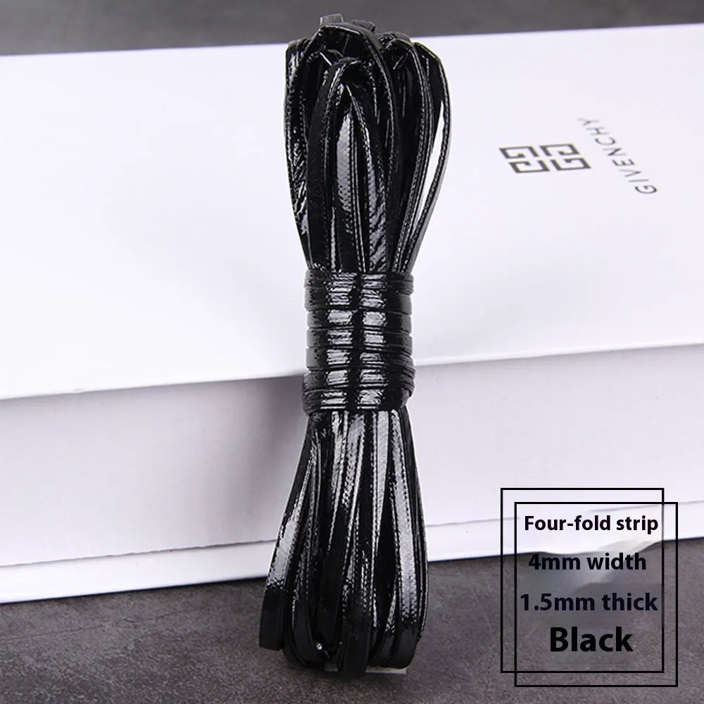 Coiled PU leather woven craft string in multiple colours including beige, black, red, blue, green, gold, and silver.