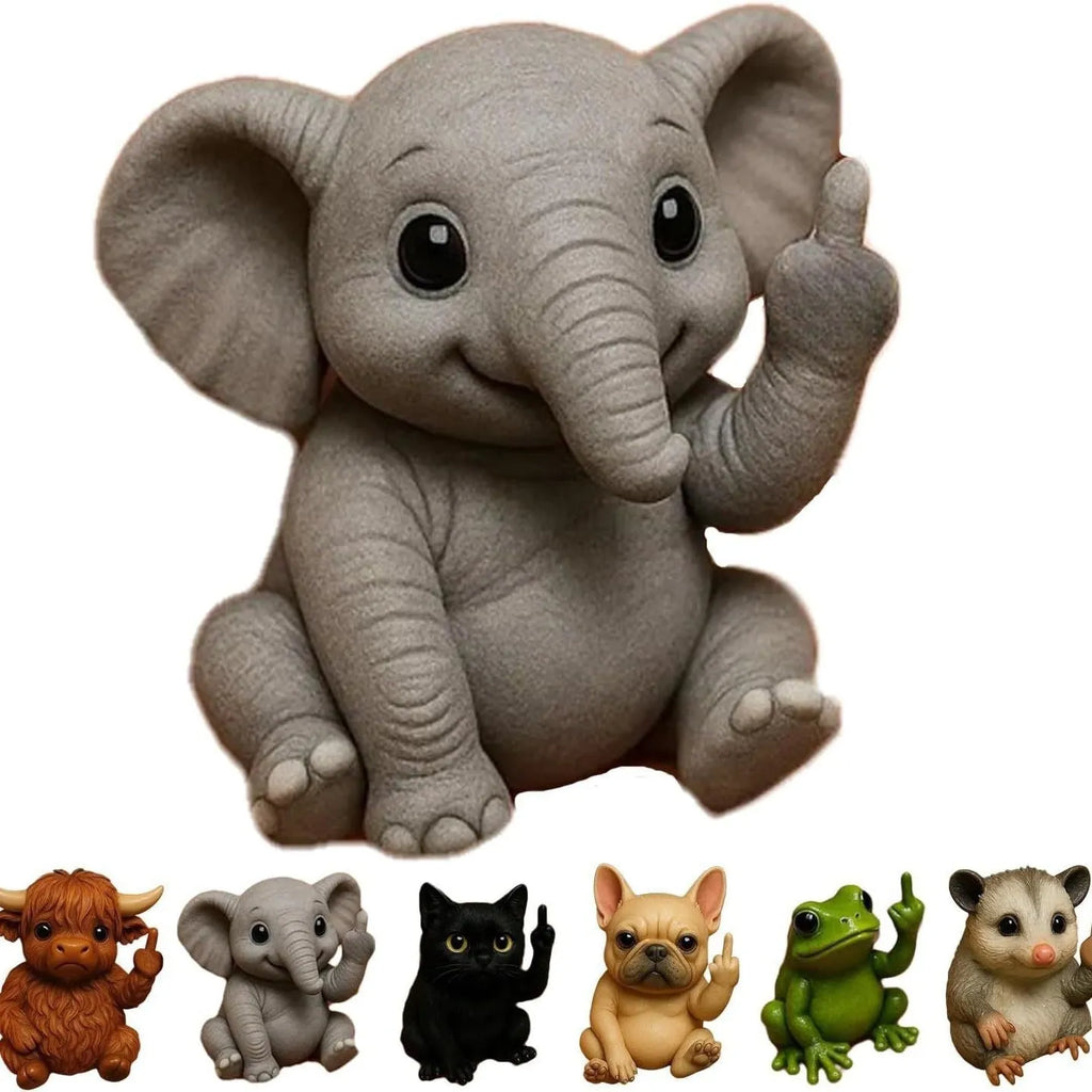 Resin animal middle finger ornament doll in choice of dog, cat, elephant, frog, Highland cattle, mouse, or turtle design.