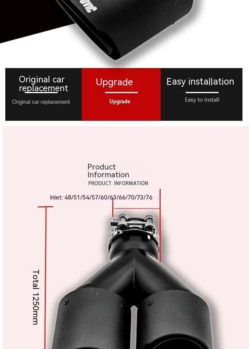 Black carbon fibre car exhaust pipe with double outlet silencer and 250mm tail nozzle