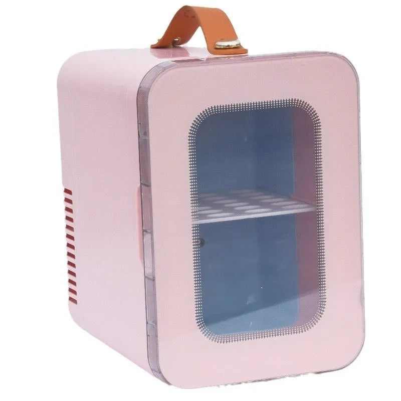 Pink mini refrigerator with transparent door showing 6L capacity and dual cooling/heating functions