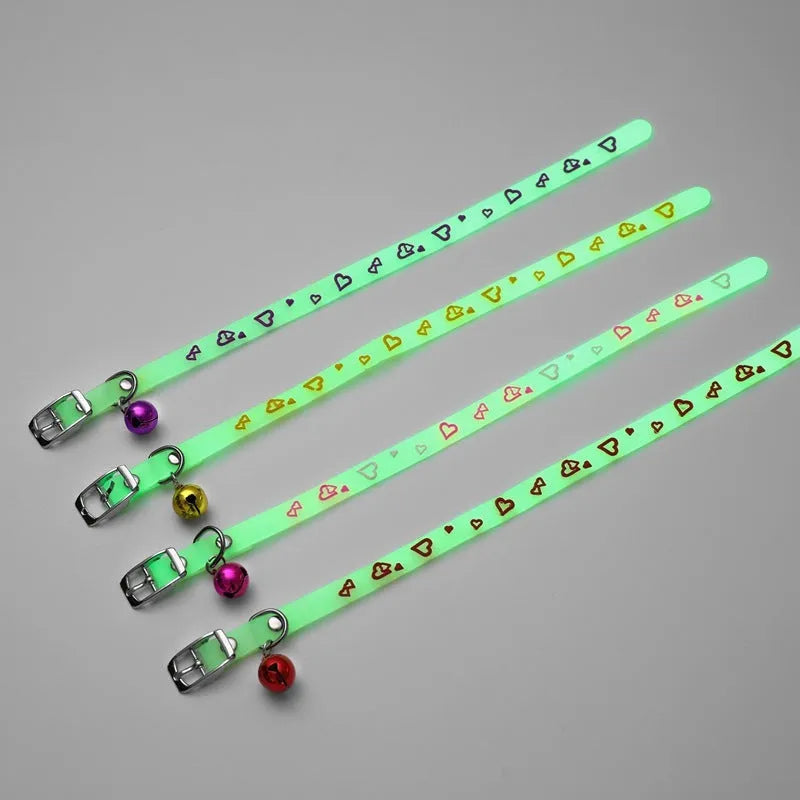 Luminous silicone cat collar 1.2cm x 29cm with cartoon designs, glowing in the dark