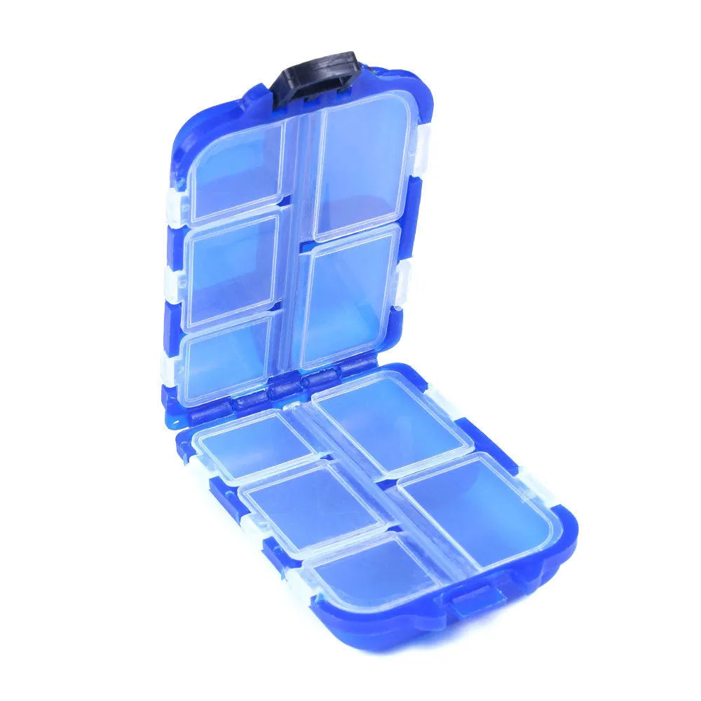 Plastic fishing tackle storage box with 10 compartment grid, shown in black colour