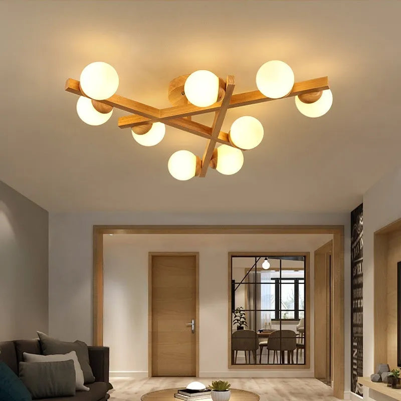 Wooden style Nordic ceiling light with three lamp heads for living room illumination