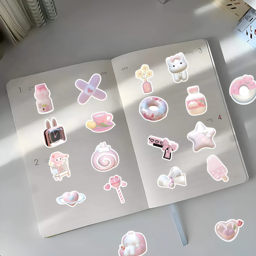 63-piece set of 3D decorative heart stickers in light pink colours with two cute pattern designs.