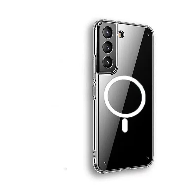 Transparent MagSafe magnetic phone case for Samsung Galaxy S21 S22 S23 series on black background