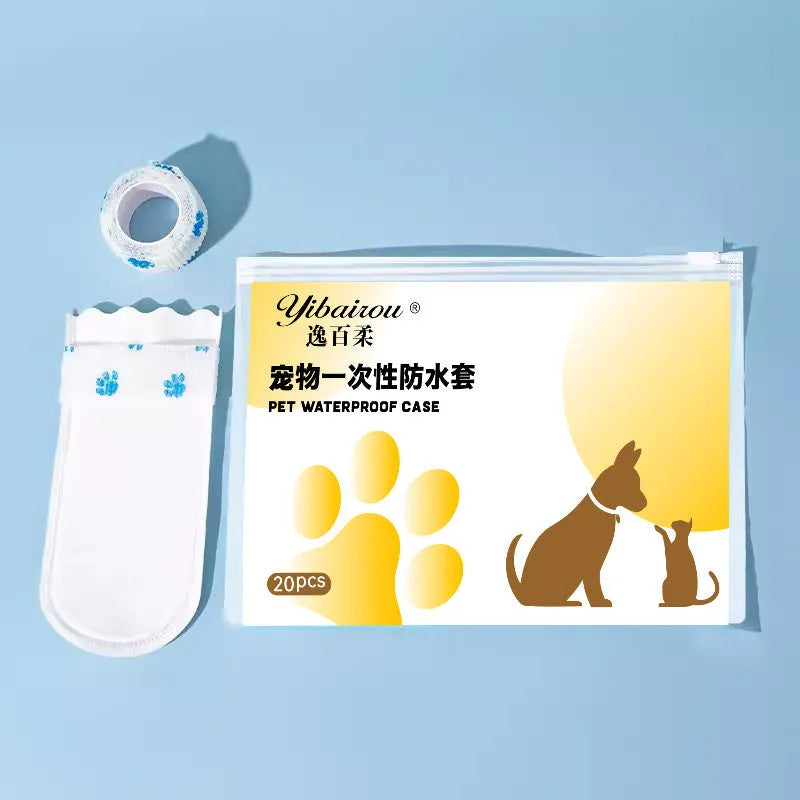 White disposable waterproof shoe covers for dogs with non-slip soles in S and M sizes