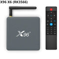 Android smart TV set-top box with voice control remote on a table next to a television.