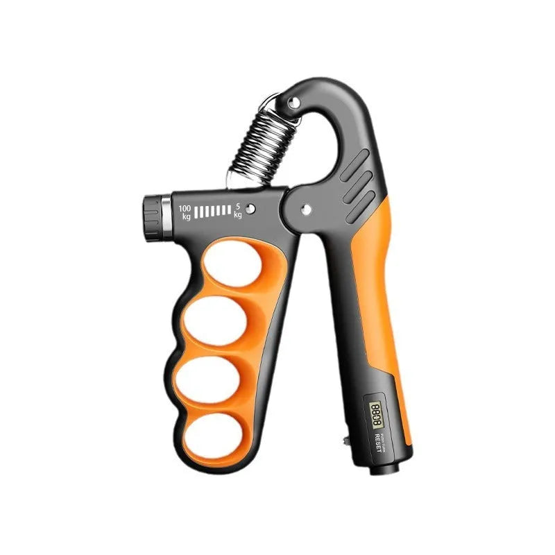 Adjustable electronic count spring grip in orange with digital display for hand strength training.