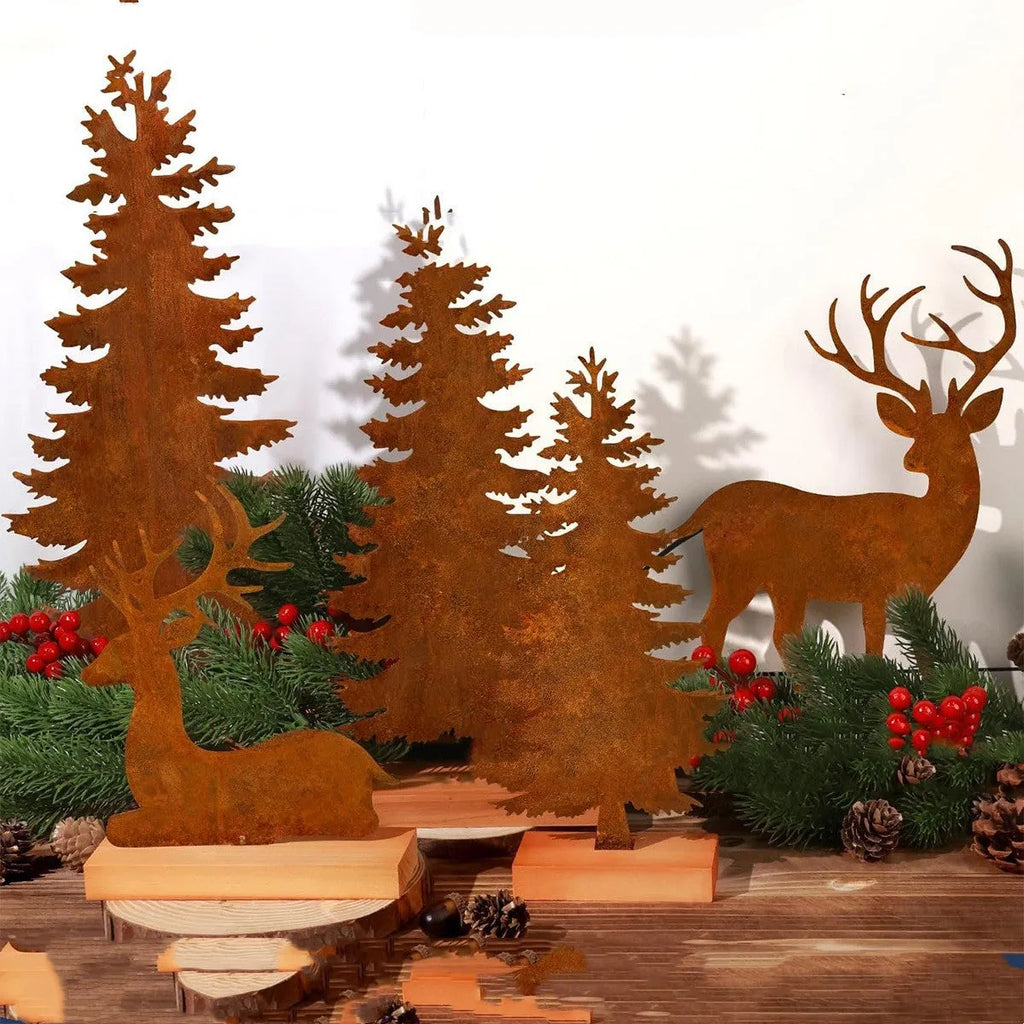 Three metal rusty Christmas tree elk ornaments with American style decorative design