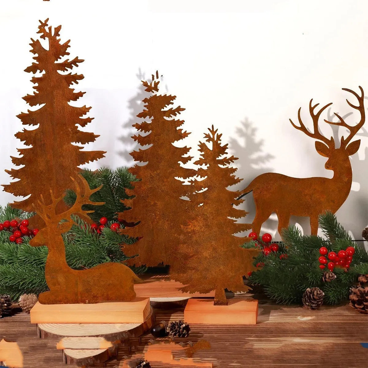 Three metal rusty Christmas tree elk ornaments with American style decorative design