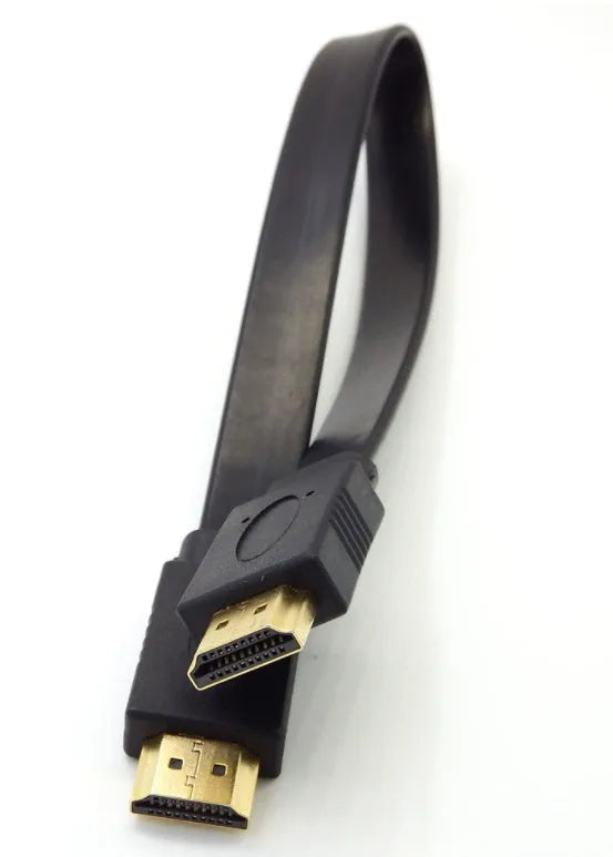 Flat black HDMI cable with standard connectors on a white background.
