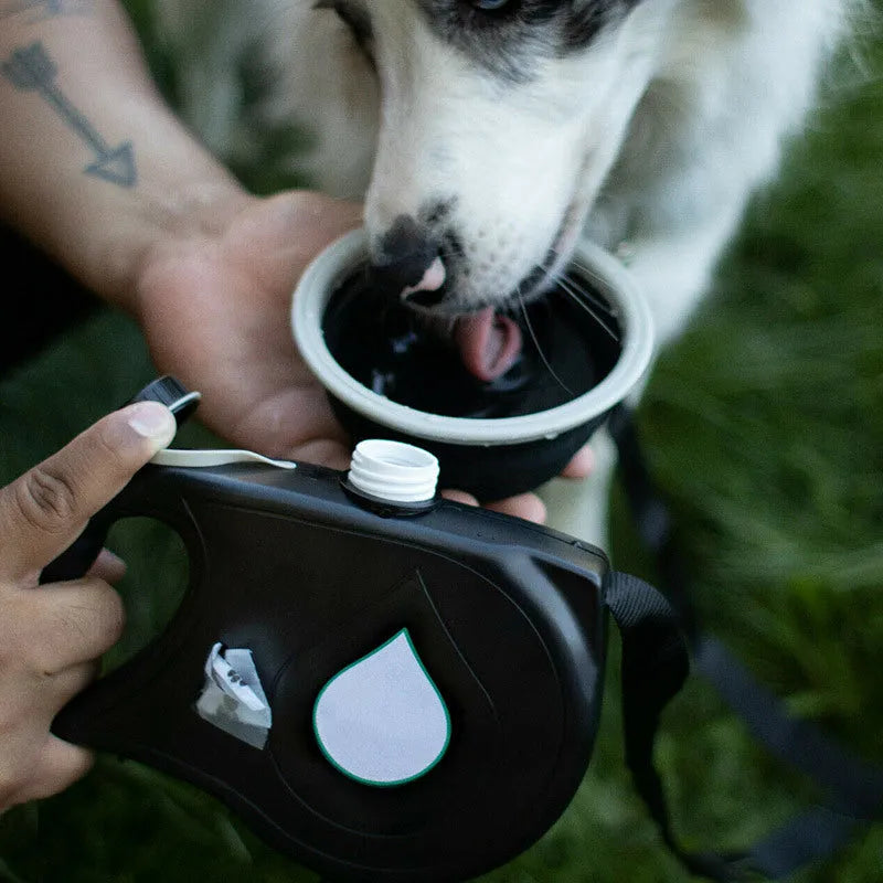 Retractable dog lead with built-in water bottle in blue, black or red, made from ABS with automatic telescopic rope