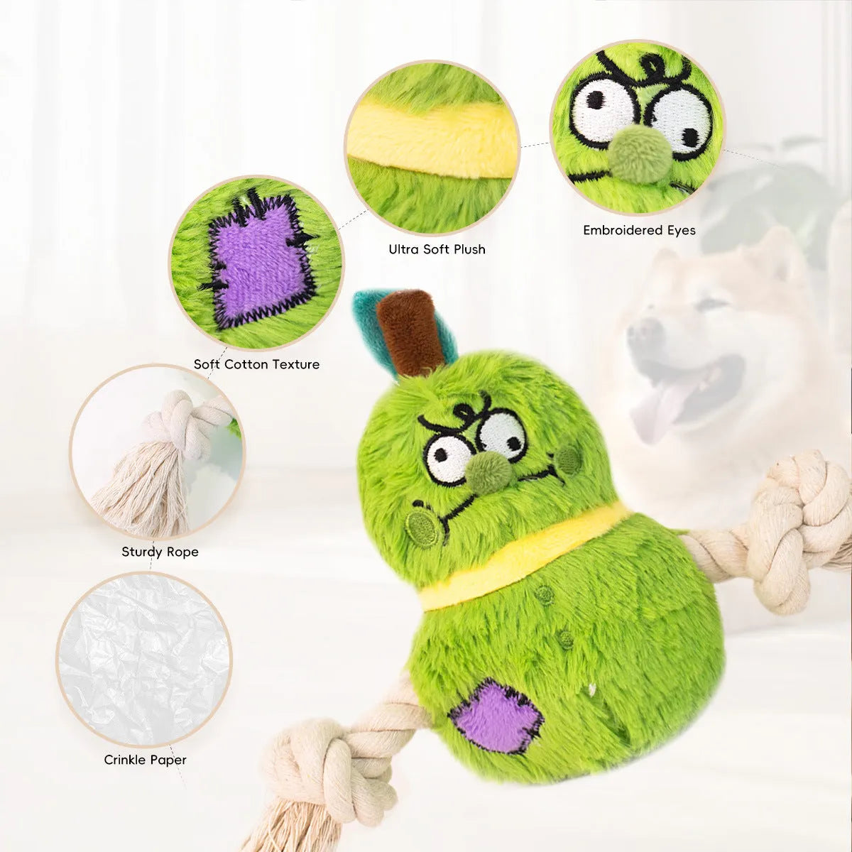 Green and purple plush rope knot dog toy for interactive tug-of-war and chewing games.