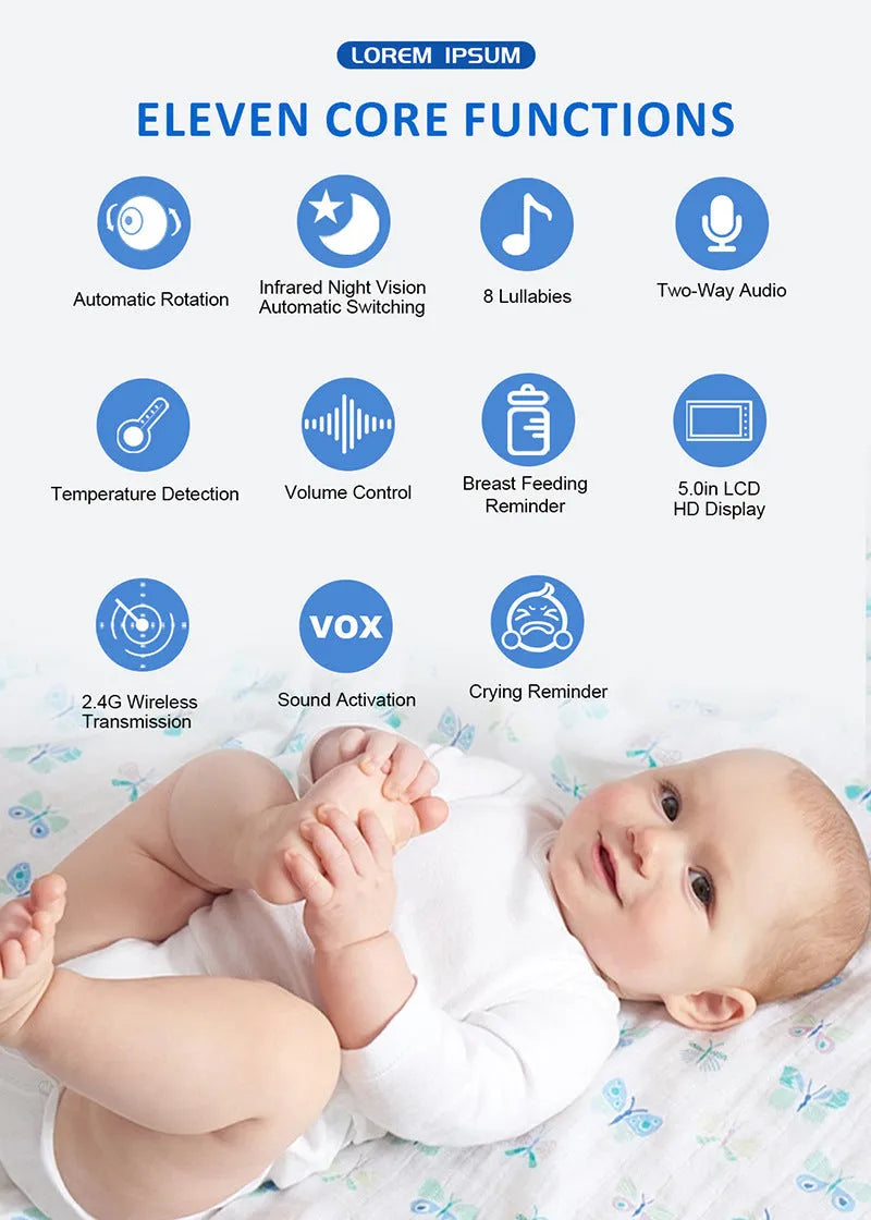White HD wireless baby monitor with 5-inch screen showing nursery temperature display