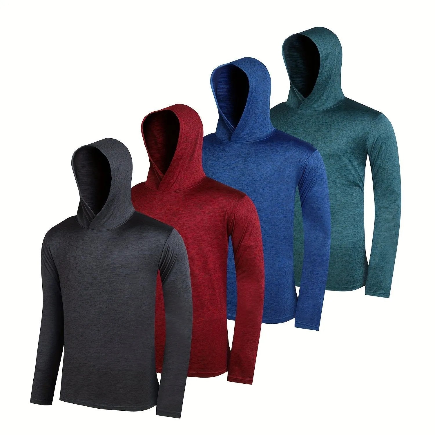 Men's lightweight polyester hoodie four-piece set in multiple colours showing hooded and non-hooded styles.