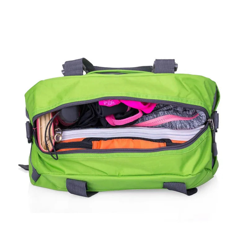 Nylon yoga and gym bag shown in multiple colours including black, blue, green, pink, purple, and red options