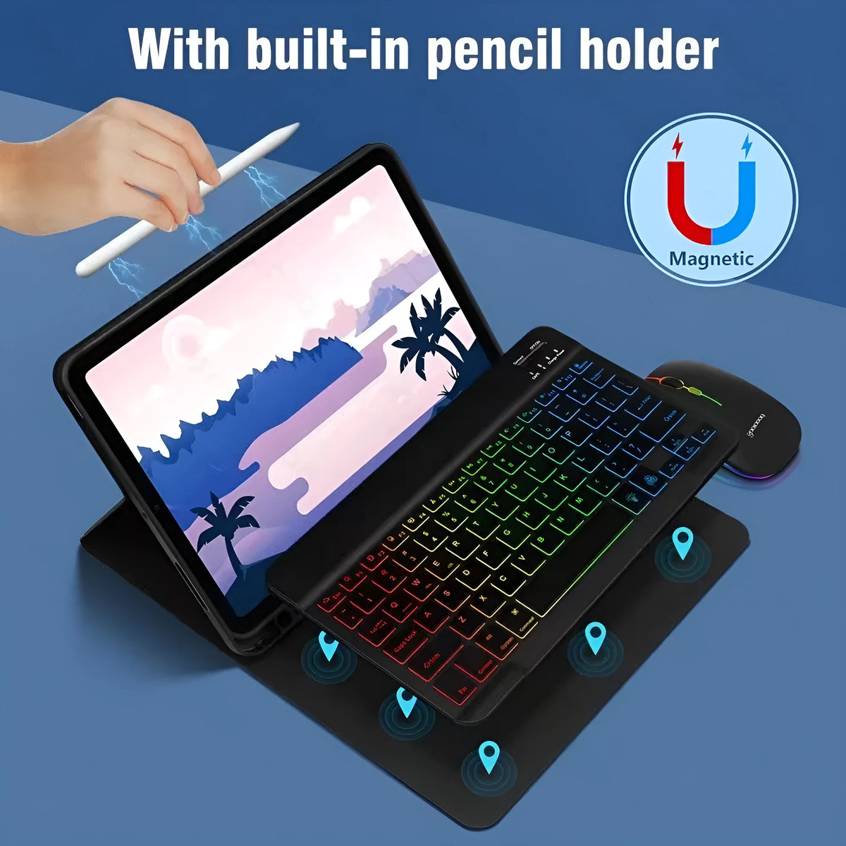 iPad leather protective case with luminous Bluetooth keyboard and mouse in black colour with RGB backlighting